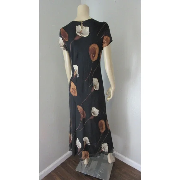 BENJAMIN A. Black Floral Petite 10 Maxi Sheer Overlay Short Sleeve Dress BR16 - Picture 3 of 6